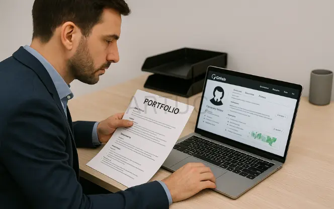  Employer reviewing real project work of candidates during IT interviews.b.