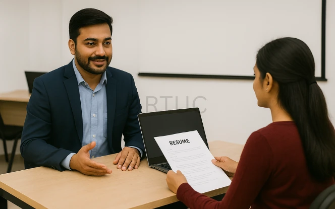 Instructor conducting a mock interview for IT course students.