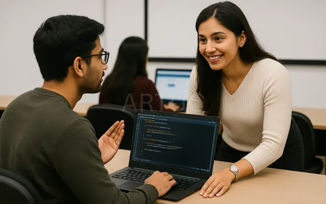IT mentor guiding a student through technical problem-solving in class.