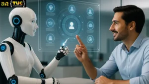“A realistic scene of a humanoid robot and a professional man interacting with a holographic AI interface in a modern office environment, symbolizing advanced machine learning and human–AI collaboration.”